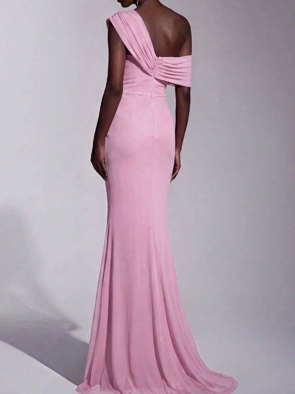 Baby Pink Elegant Women's Mesh One Shoulder Ruched Fitted Bodycon Gown